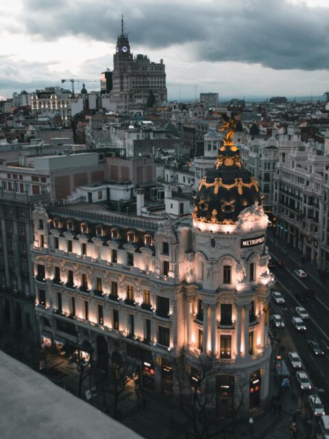 Things to Visit in Madrid: the iconic Metropolis building illuminated at dusk