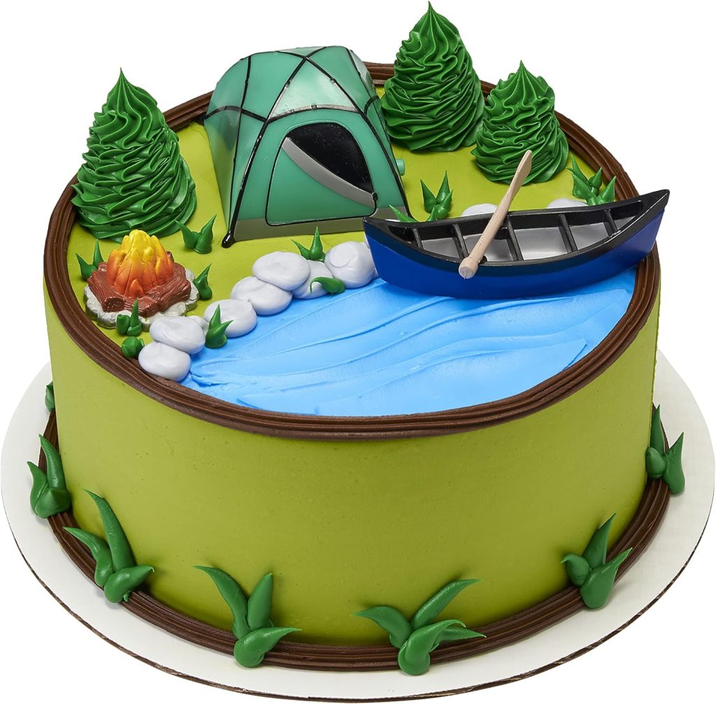 Camping-themed cake topper set featuring a tent, bonfire, trees, and bear figurines, perfect for decorating an outdoor adventure birthday cake.