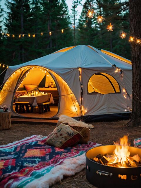 A beautifully decorated glamping birthday party setup with a large tent, twinkling fairy lights, and a cozy firepit on natural ground. The scene captures the warmth of an outdoor celebration under the stars.