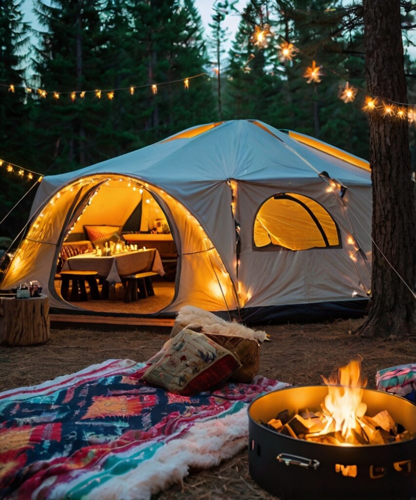 A beautifully decorated glamping birthday party setup with a large tent, twinkling fairy lights, and a cozy firepit on natural ground. The scene captures the warmth of an outdoor celebration under the stars.