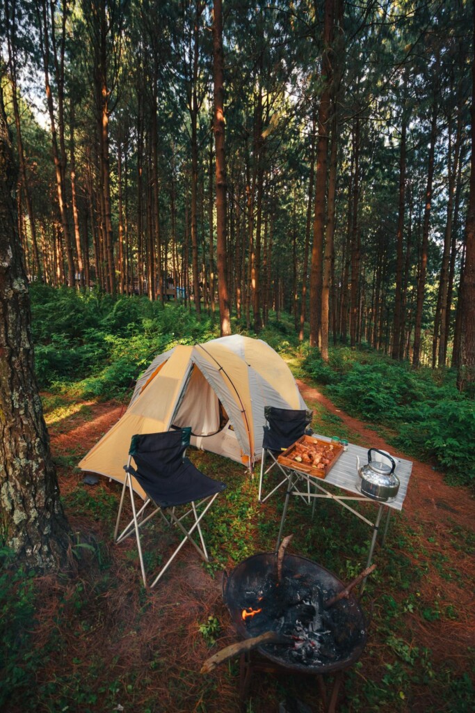 A peaceful forest campsite with a tent, two chairs, and a table set with freshly cooked food and a kettle—ideal for campers looking for best camping meals and easy camping meals inspiration.
